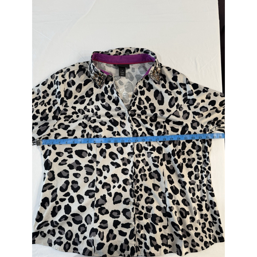 LANE BRYANT Leopard Print Blouse 22 Embellished Collar Button Front Purple Cuffs - Picture 8 of 11